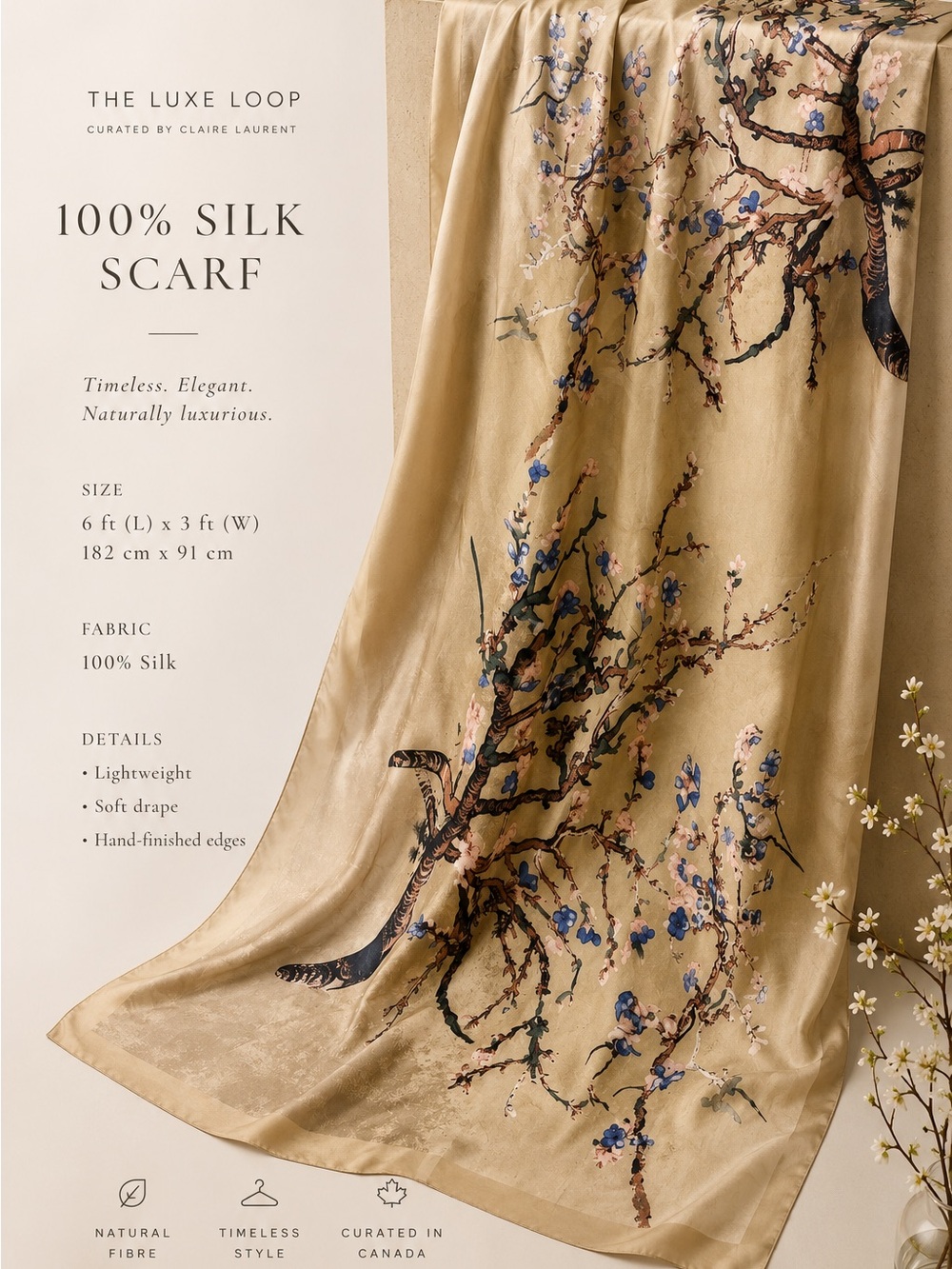 100% Silk Floral Branch Scarf in Champagne Gold